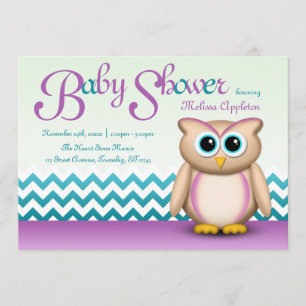 Cute Owl - Paars en Turquoise Chevron Baby shower Kaart