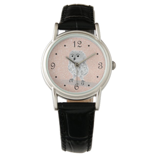 Cute Owl Pink Glitter Numbers Horloge (Voorkant)