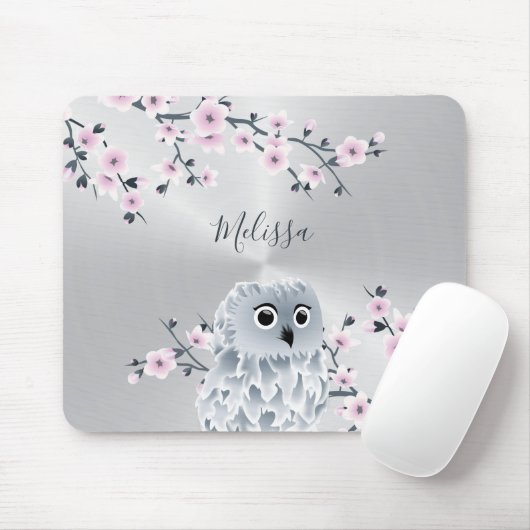 Cute Owl Pink Silver Monogram Muismat (Met muis)