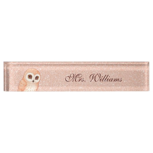 Cute Owl Rose Gold Glitter Teacher  Naambordje (Voorkant)