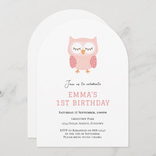Cute Owl simple invitation de premier anniversaire (Devant / Derrière)