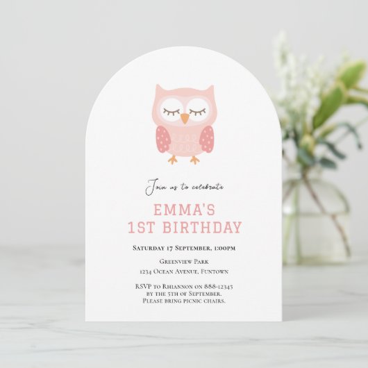 Cute Owl simple invitation de premier anniversaire (Debout devant)