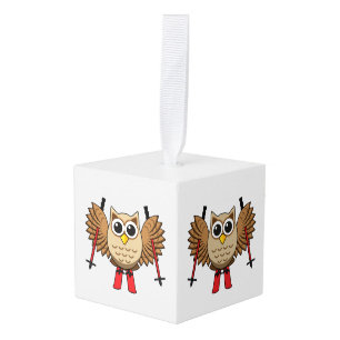 Cute Owl Skiing Cartoon Kubus Ornament