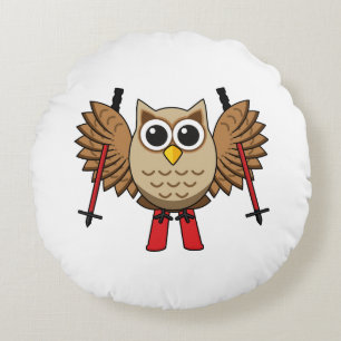 Cute Owl Skiing Cartoon Rond Kussen