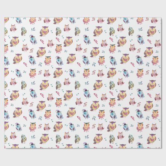 Cute Owl Waterverf Pattern | wit Cadeaupapier (Vlak)