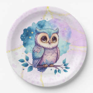 Cute Owl Waterverf Splash Girl Baby shower Papieren Bordje