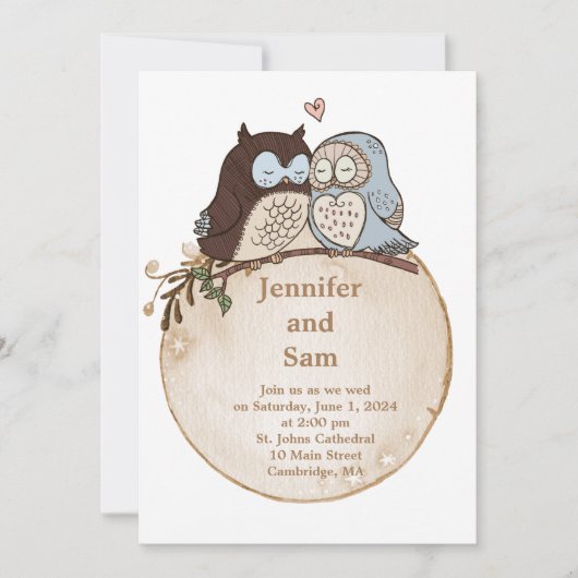 Cute Owl Woodland Rustic Wedding Invitation Kaart (Voorkant)