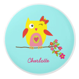 Cute Owl Yellow Pink Flowers Persoonlijke naam Keramische Knop