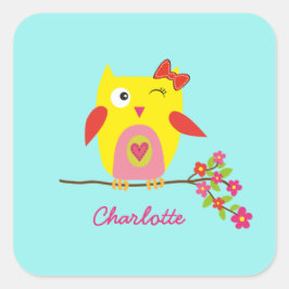 Cute Owl Yellow Pink Flowers Persoonlijke naam Vierkante Sticker