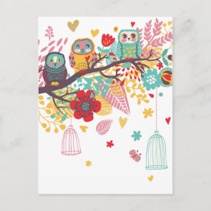 Cute Owls and Colorful floral afbeelding backgroun Briefkaart