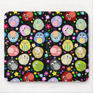 Cute Owls and Flowers patroonmousepad - Black Muismat