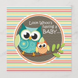 Cute Owls Baby shower, Bright Rainbow Stripes Kaart