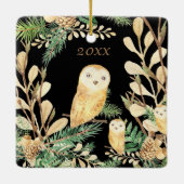 Cute Owls Black Pine Waterverf, kerstjaar Keramisch Ornament (Achterkant)
