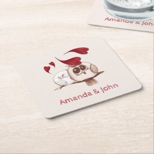 Cute Owls Couple Names Personalized Paper Onderzet Vierkante Kartonnen Onderzetter