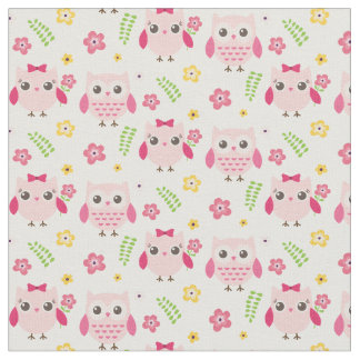 Cute Owls in roze met bloemen en takken Stof