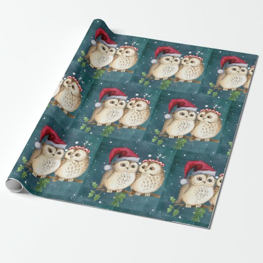 Cute Owls Kerstmis Cadeaupapier (Uitgerold)