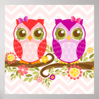 Cute Owls - Roze & Paarse Girls - Wall Poster