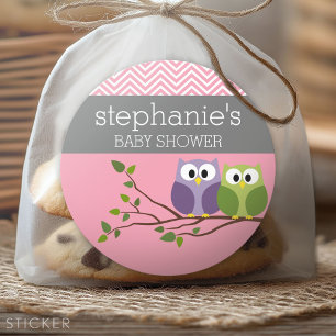 Cute Ows on Branch Baby Girl Shower Pink Ronde Sticker