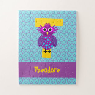 Cute Paars & Aqua Owl & Stars Kinder Name Monogram Legpuzzel