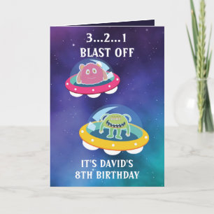 Cute Paars Blue Galaxy Monsters 8th Birthday Kaart