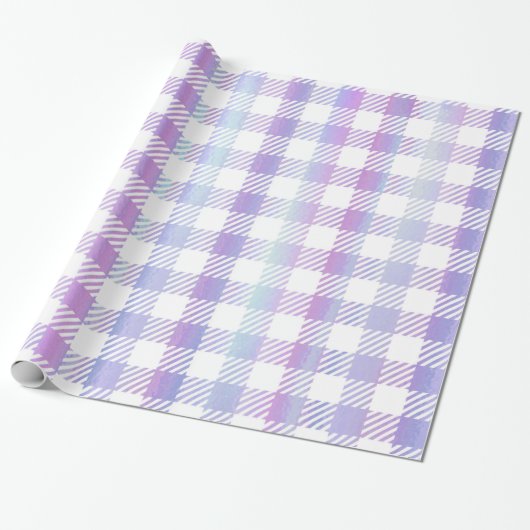 Cute Paars Blue Iridescent Gingham Pattern Cadeaupapier (Uitgerold)