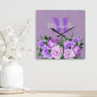 Cute Paars Floral Silver Glitter Monogram Vierkante Klok