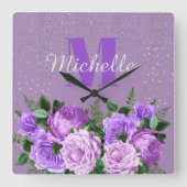 Cute Paars Floral Silver Glitter Monogram Vierkante Klok (Voorkant)