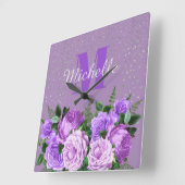 Cute Paars Floral Silver Glitter Monogram Vierkante Klok (Hoek)