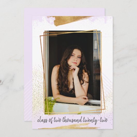 Cute Paars & Gold Framed Afstuderen Invitation Kaart (Voorkant / Achterkant)