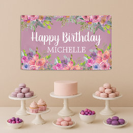 Cute Paars Pink Floral Happy Birthday Name Spandoek