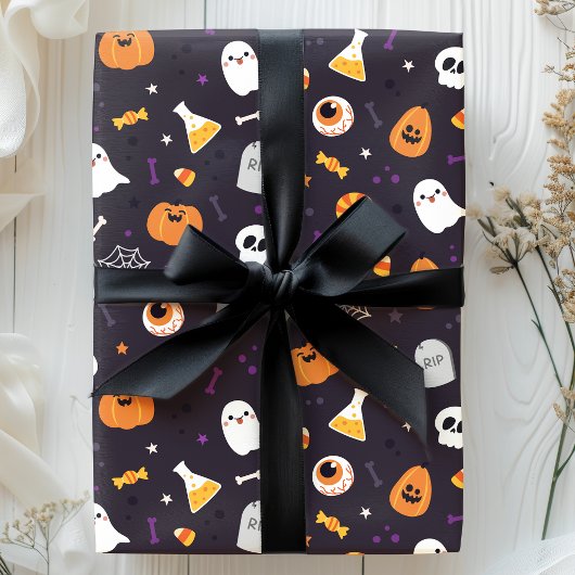 Cute Paars Pumpkin Ghost Spider Halloween Pattern Cadeaupapier