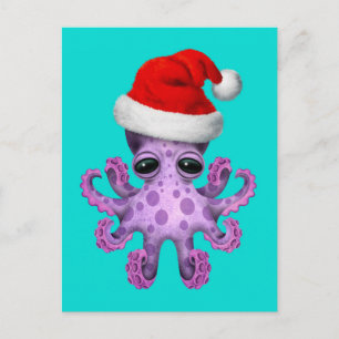 Cute Paarse Baby Octopus met Santa Hat Blue Feestdagenkaart