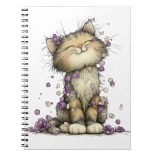 Cute Paarse Bloemrijke Kat Spiral Notebook, Whimsi Notitieboek