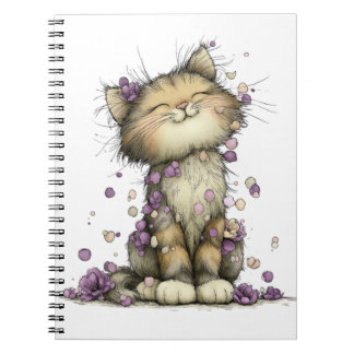 Cute Paarse Bloemrijke Kat Spiral Notebook, Whimsi Notitieboek