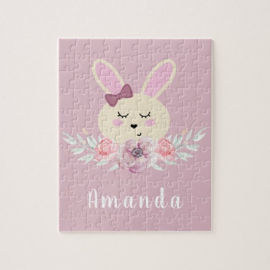 Cute Paarse Bunny Rabbit Kinder Custom Name Legpuzzel (Verticaal)