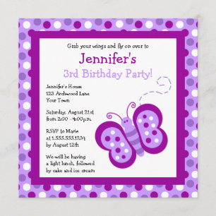 Cute Paarse Butterfly & Polka Dots Birthday Invite Kaart