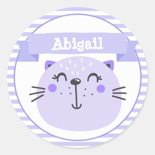 Cute Paarse Cat | Gepersonaliseerd Ronde Sticker (Voorkant)
