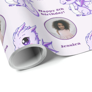 Cute Paarse Chibi Dragon Custom Photo Text Cadeaupapier