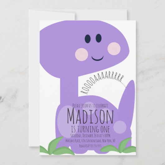 Cute Paarse Dinosaur Birthday Invitation Kaart (Voorkant)