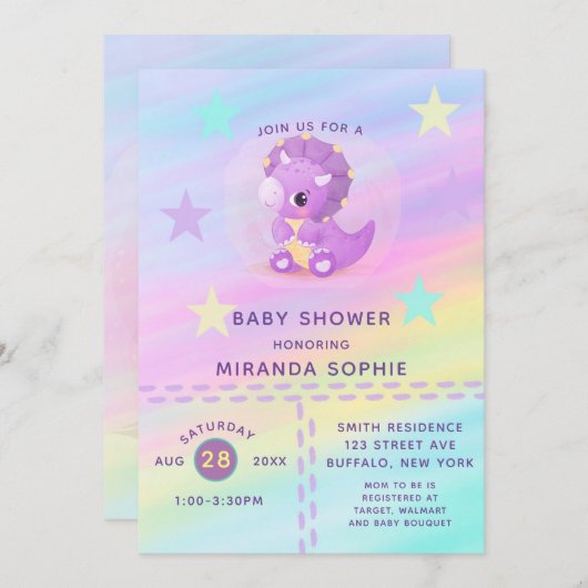 Cute Paarse Dinosaur Rainbow Art Baby shower Invi Kaart (Voorkant / Achterkant)