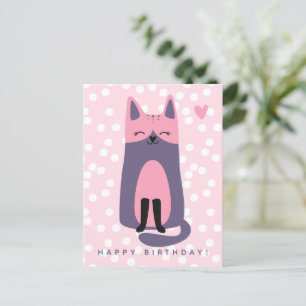 Cute Paarse en Roze Kat Kinderen Verjaardagskaart Briefkaart