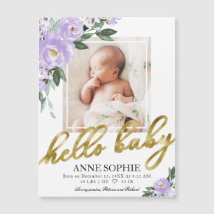 Cute Paarse Floral Photo Birth Announcement Cards
