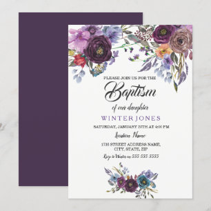 Cute Paarse Floral Winter Baby Girl Baptism Invite Kaart