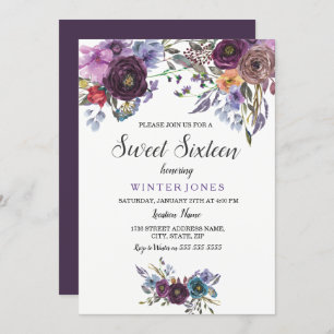 Cute Paarse Floral Winter Sweet Sixteen Invite Kaart