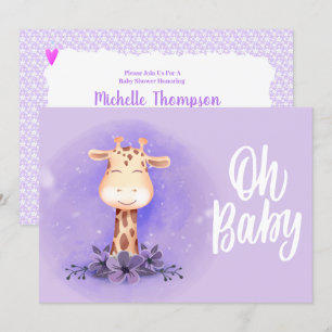 Cute Paarse Giraffe Baby shower Uitnodiging