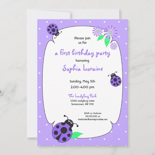 Cute Paarse Ladybug Invitation Kaart (Voorkant)