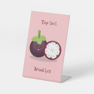 Cute paarse mangosteen cartoon afbeelding reclamebord met voetstuk
