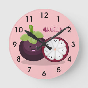 Cute paarse mangosteen cartoon afbeelding ronde klok