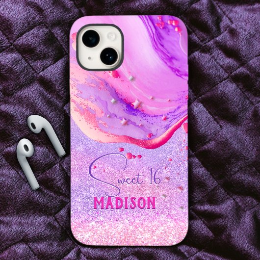 Cute paarse marmer glitter monogram Case-Mate iPhone case