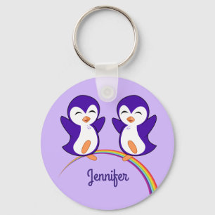 Cute Paarse Penguin Monogram Regenboog Kinderen Sleutelhanger